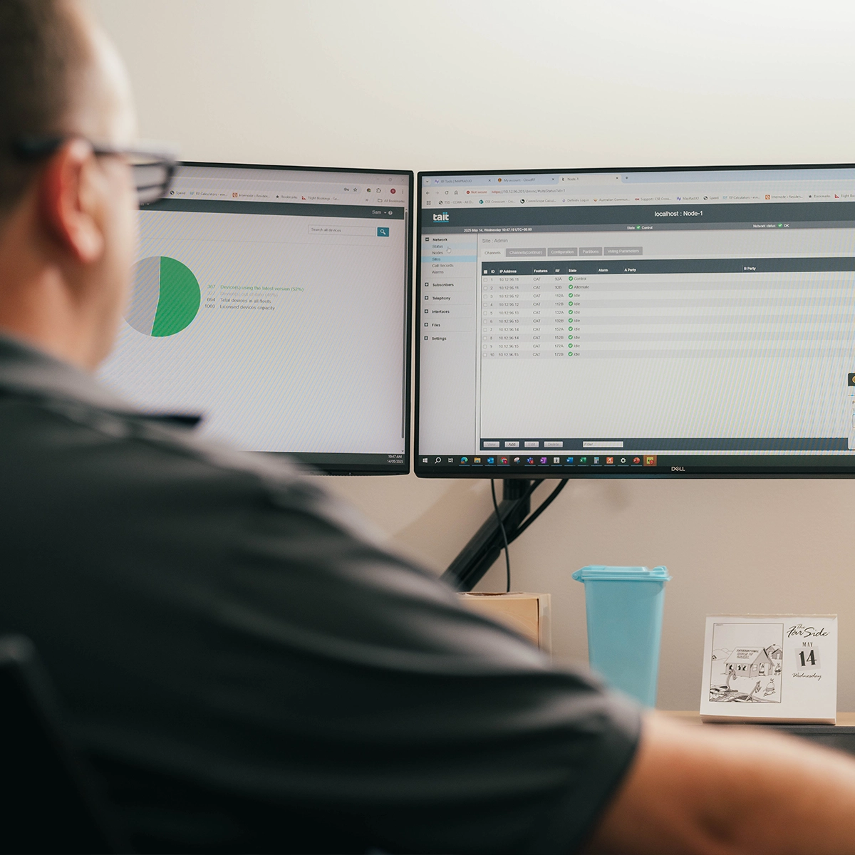 A person working on a dual-monitor setup displaying data analysis and project management software.