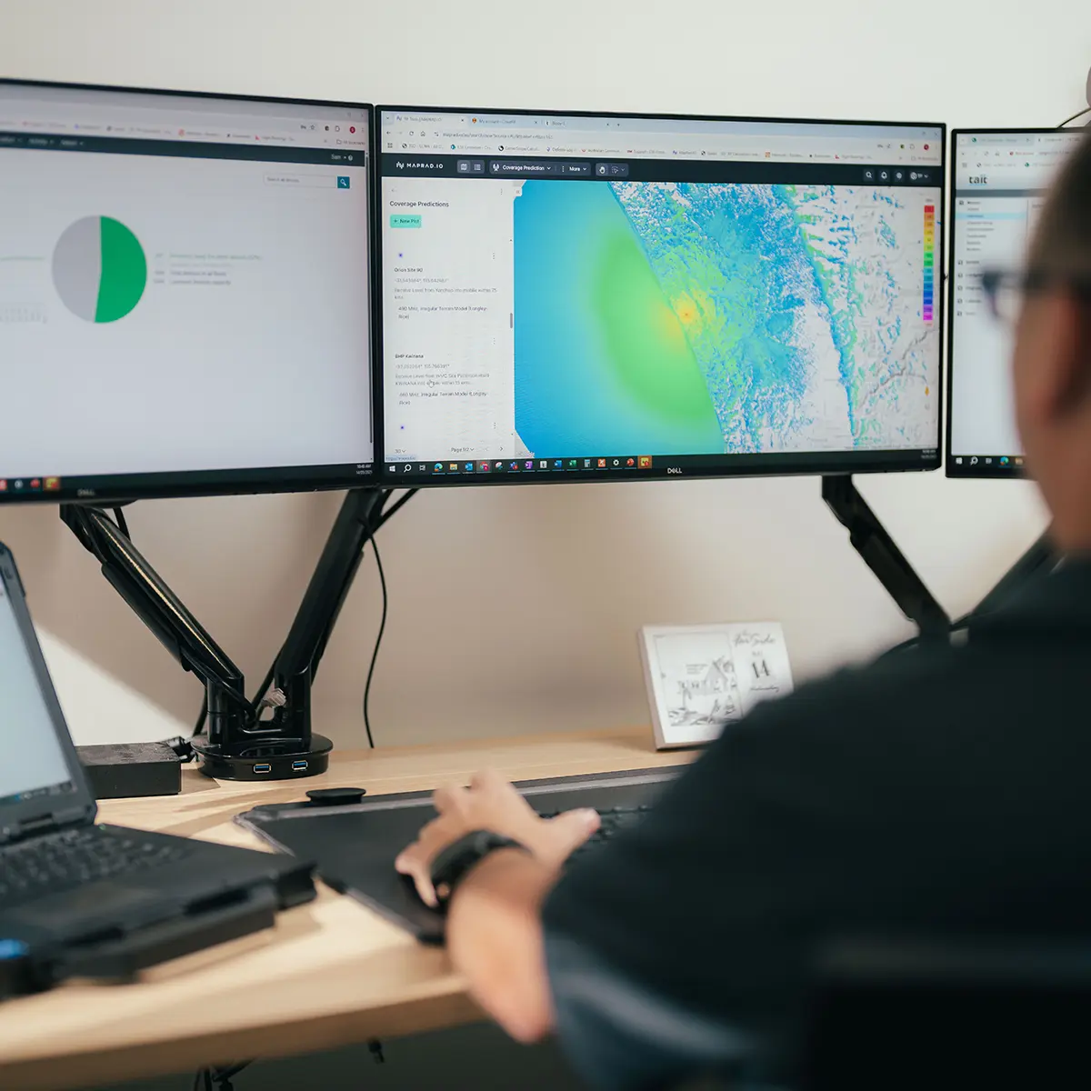 Person working at a desk with two monitors and a laptop, displaying a pie chart and a colour-gradient map for system design and analysis.