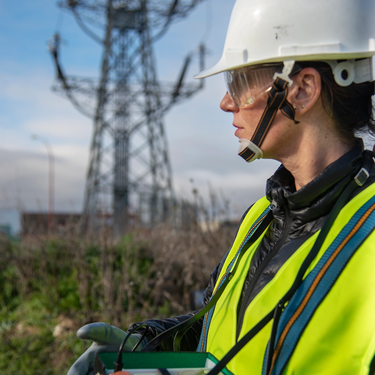 Lone worker in high-visibility gear near an electrical tower, supported by CSE Crosscom’s safety and communication technology