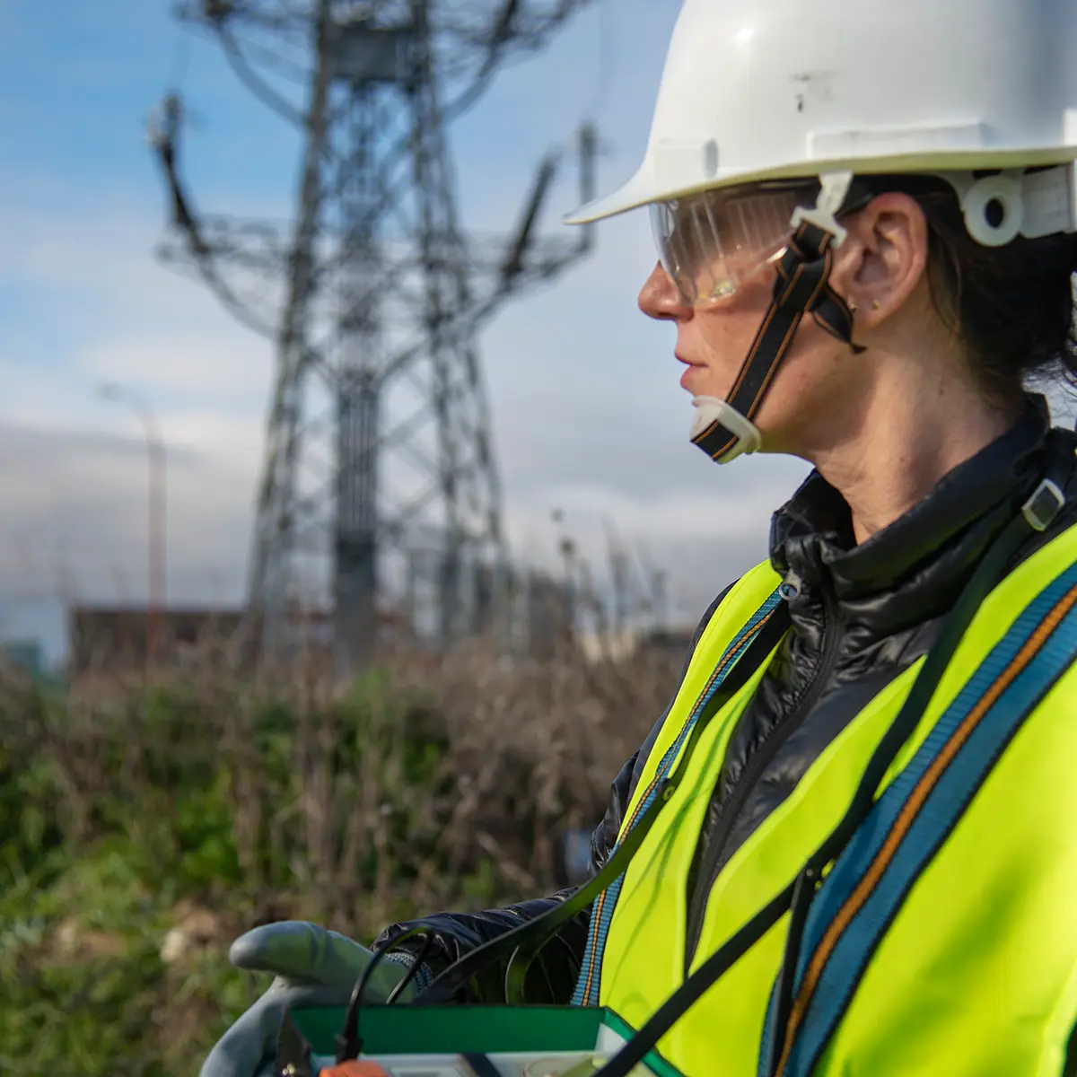 Worker in high-visibility gear near an electrical tower, representing secure and scalable Wi-Fi connectivity in industrial environments.