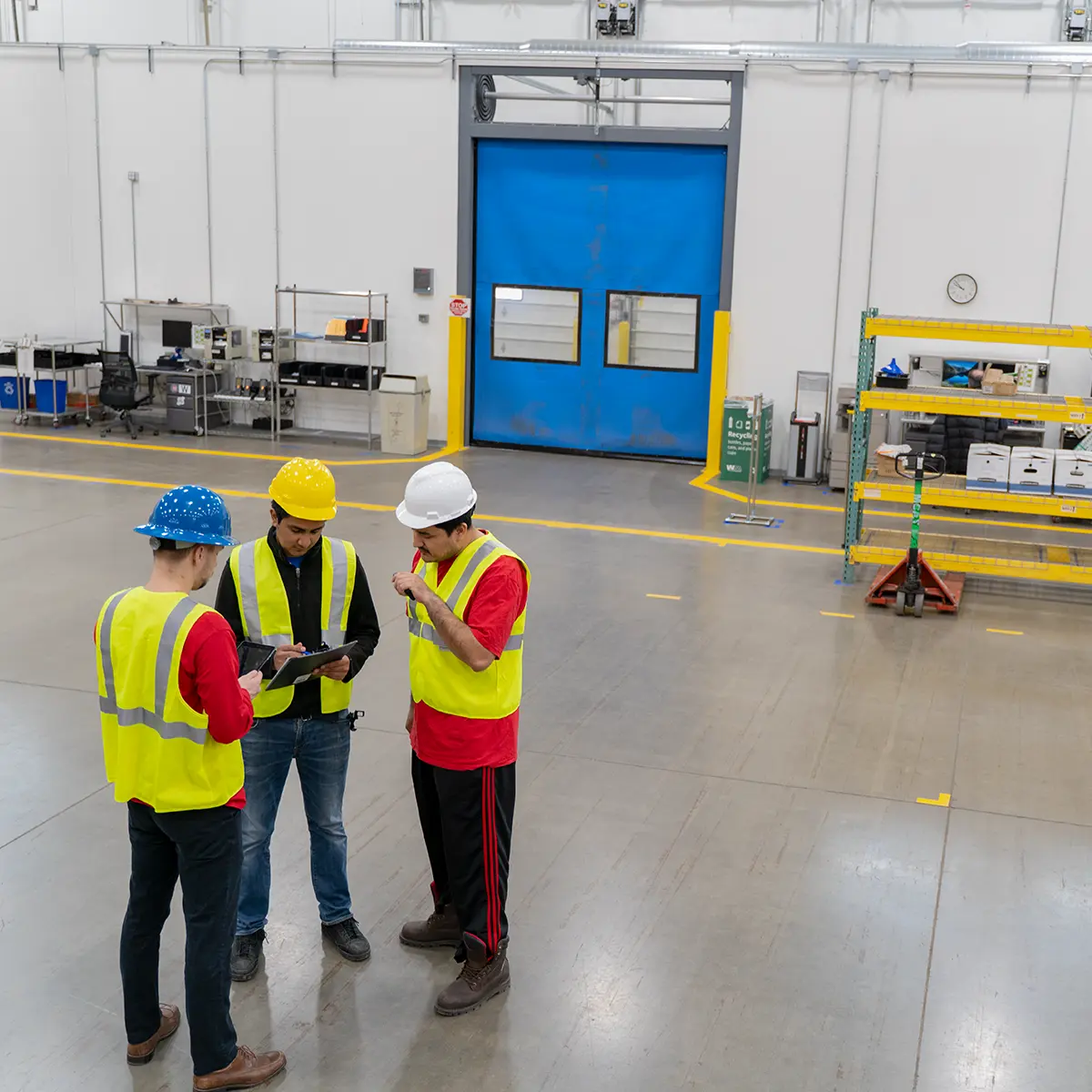 Personnel in a warehouse discussing operations, illustrating streamlined connectivity and monitoring through wireless network controllers.
