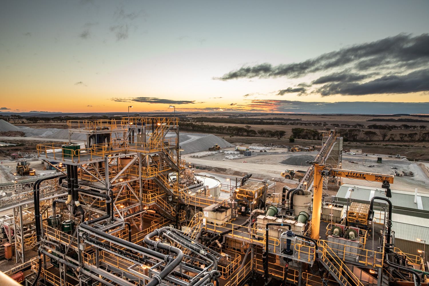 View of Mt Cattlin lithium mine outside Ravensthorpe in Western Australia at sunset.
