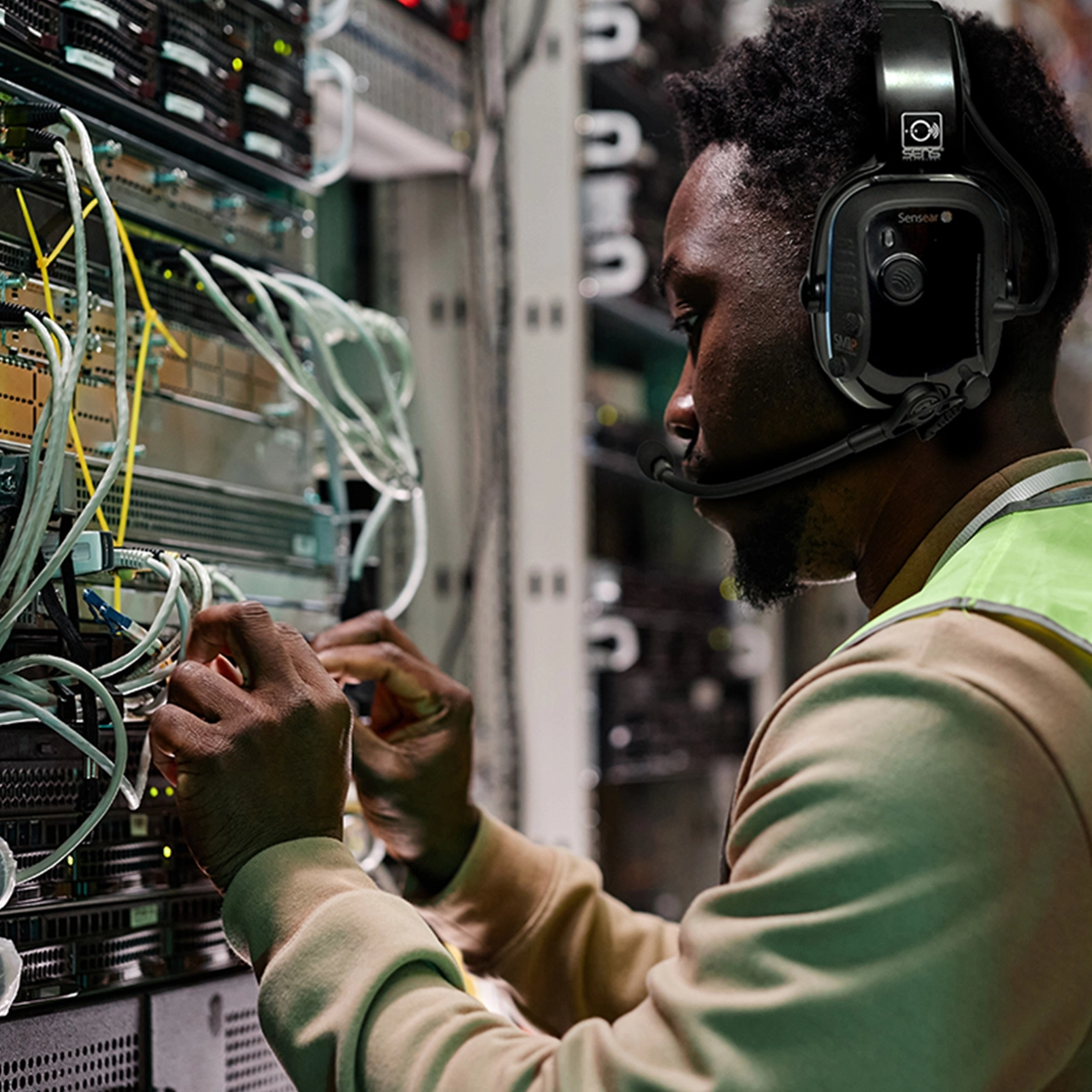 Person using a Sensear headset with SENS® Technology to manage cables in a high-noise server environment.