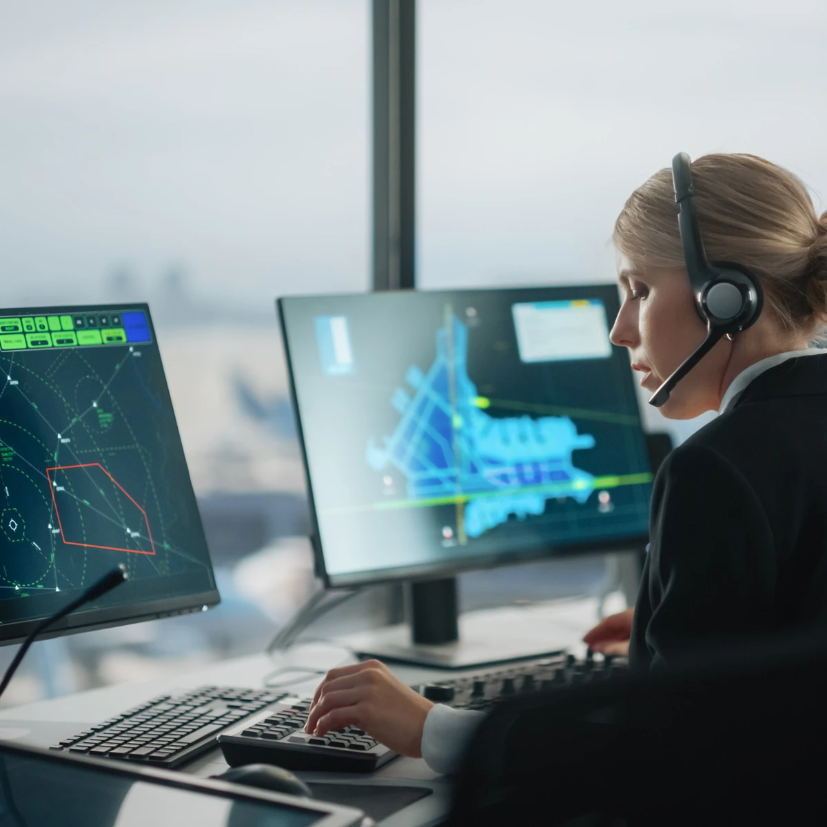 Control room workstation with radar display and airport map on monitors, showcasing mission-critical recording solutions for aviation operations.