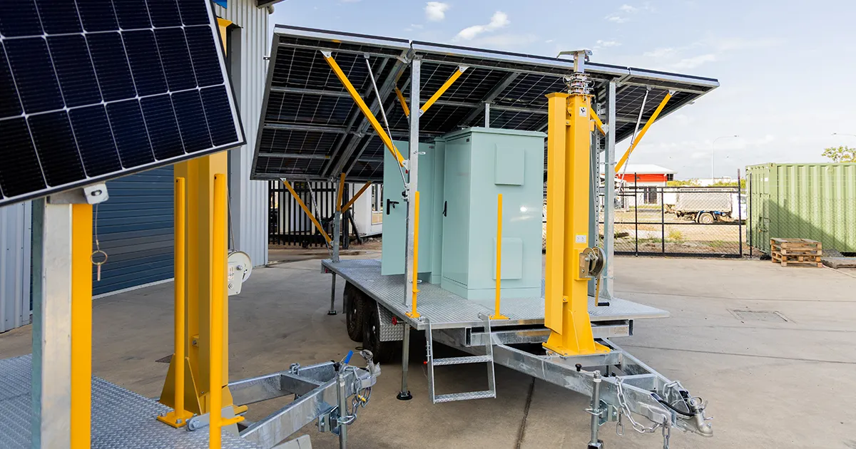 Portable solar powered hybrid energy system on a trailer platform from CSE Linked, designed to deliver dependable off grid power for critical communication infrastructure.