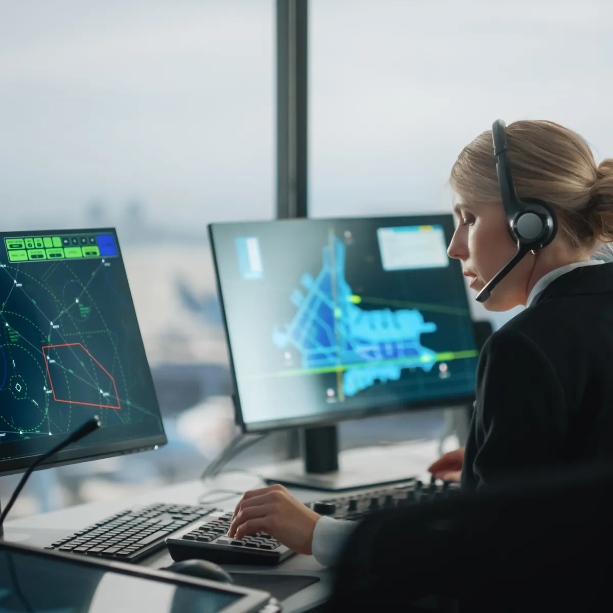 Airport Air Traffic Control Operator checks a computer monitor for incoming air traffic, while radioing to another airport team using a headset.