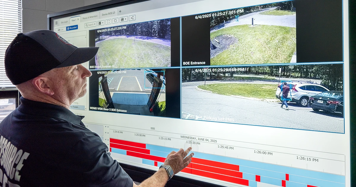 University security guard references an ai-powered CCTV analytics control room screen